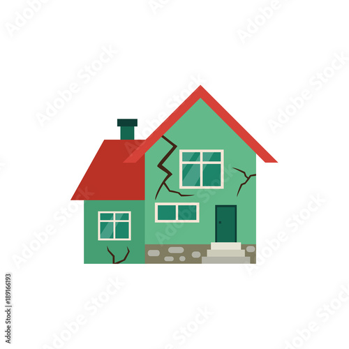 Vector flat house insurance concept. House being damaged by earthquake. Natural disaster insurance scene. Isolated illustration on a white background