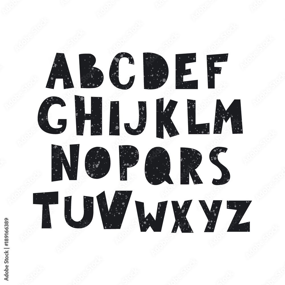 Vector cartoon alphabet with splash isolated on white background. Letters in black color, hand drawn font flat style illustration Vector cartoon alphabet with splash isolated on white background. Letters in black color, hand drawn font flat style illustration