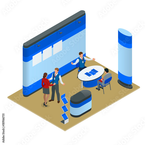 Advertising exhibition stands mockup 3D composition for a recruitment agency or tour agencies. Vector isometric illustration
