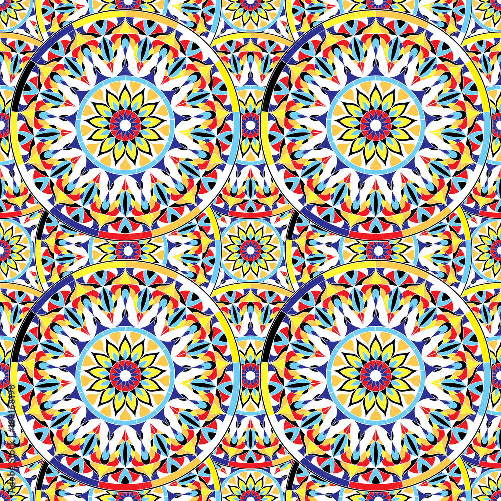 Seamless repeating pattern of colored mandalas