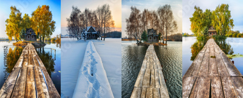 house on a small island. four seasons. a picturesque hut in all seasons © sergnester