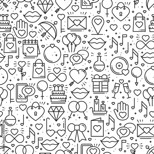 Seamless pattern with love symbols in line style. Valentines day. Love heart couple relationship dating wedding romantic amour theme. Vector illustration. Background.