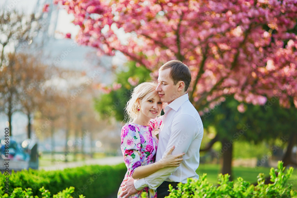 Couple in front of the Eiffel tower on a spring day in Paris, France Couple in front of the Eiffel tower on a spring day in Paris, France