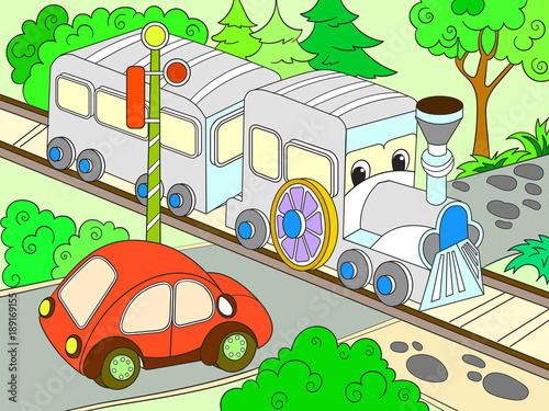 Cartoon train and car for children color vector illustration © toricheks
