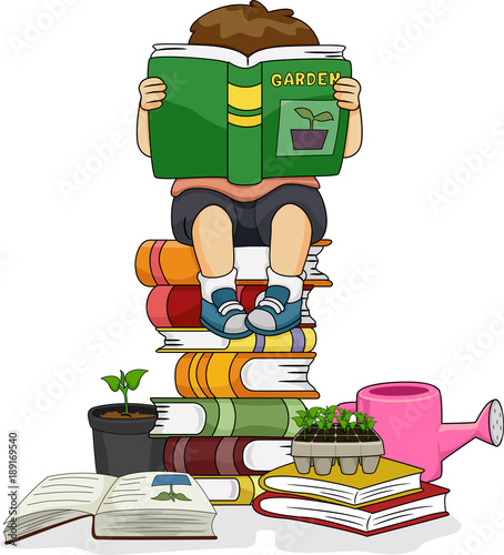 Kid Boy Read Gardening Book Illustration