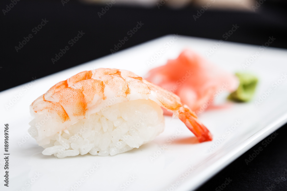 Shrimp sushi served on a plate Shrimp sushi served on a plate