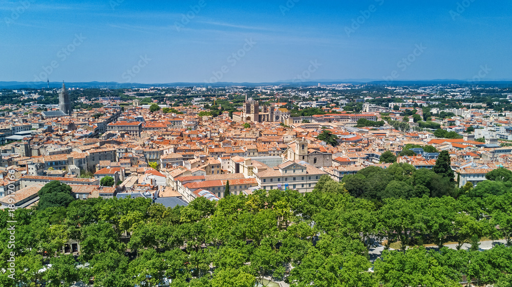 Aerial top view of Montpellier city skyline from above, Southern France
