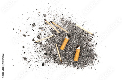 Cigarette stubs, matches and ash isolated on white background, top view