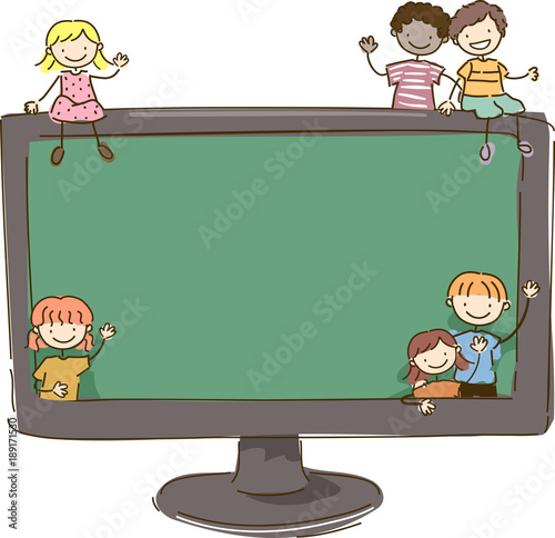 Stickman Kids Online Class Monitor Illustration