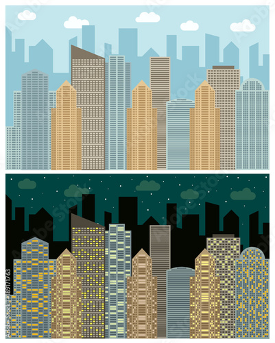 Street view with cityscape, skyscrapers and modern buildings in the day and night. Vector urban landscape illustration. 
