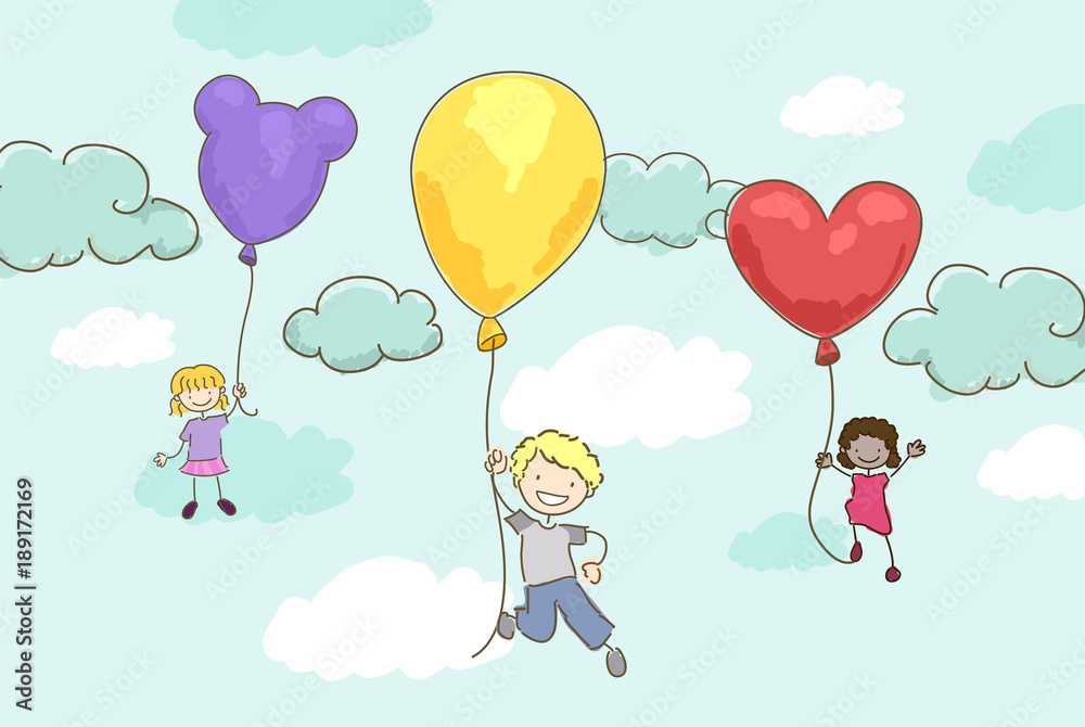 Stickman Kids Balloon Ride Illustration