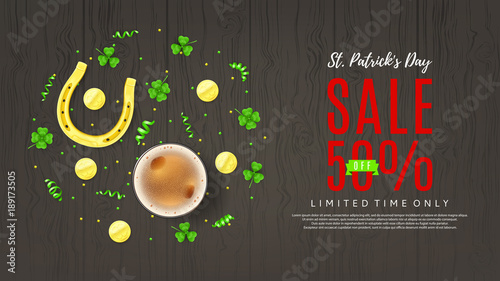 Saint Patrick's Day Sale Web Banner. Top View on Festive Composition with Beer Glass, Horseshoe, Golden Coins and Clover Leaves on Wooden Texture. Vector Illustration with Confetti.