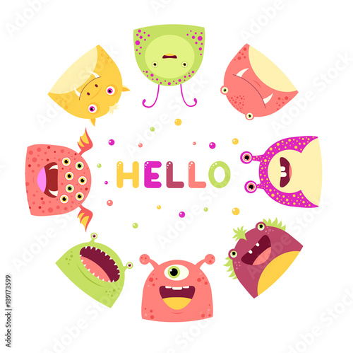 Round frame with cute funny inquisitive monsters