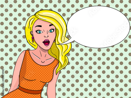 Retro girl in comic style. Says a bubble for text. Background pop art. Colored picture vector