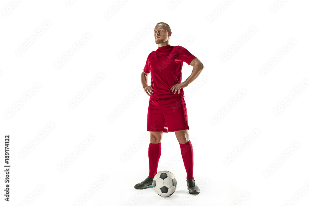 Professional football soccer player with ball isolated white background