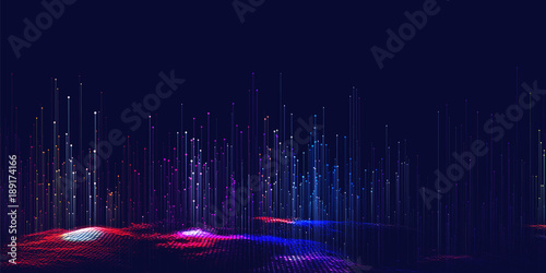 Vector abstract 3D big data visualization. Futuristic infographics aesthetic design. Visual information complexity. Intricate data threads plot. Social network or business analytics representation.
