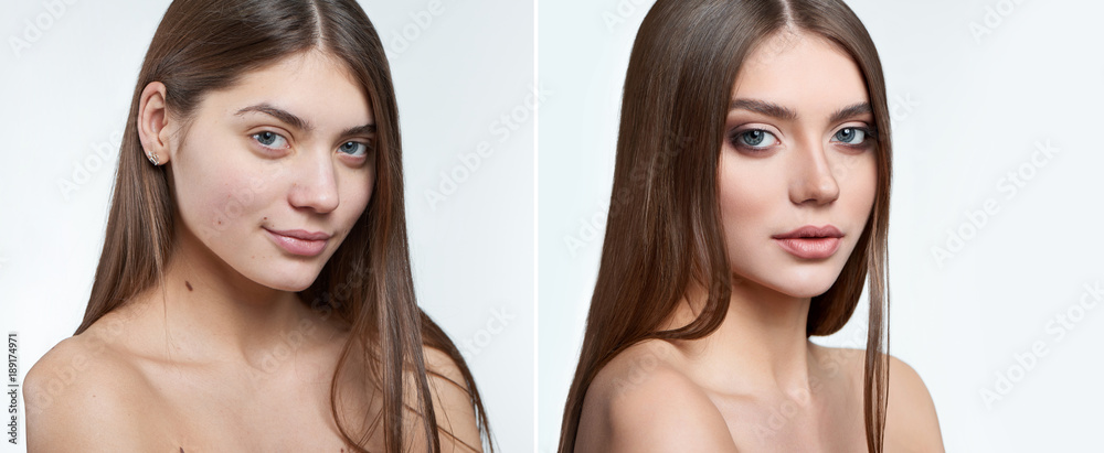 Comparison fullface half profile type of portrait of beautiful brunette green-eyed girl without makeup and with makeup on, including lipstick, mascara and eyshadows. Photoshopped, retouched. - obrazy, fototapety, plakaty 