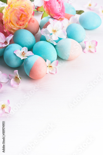 Easter and flowers background, spring concept. Blue and pink chicken eggs on white wooden table, pastel colors