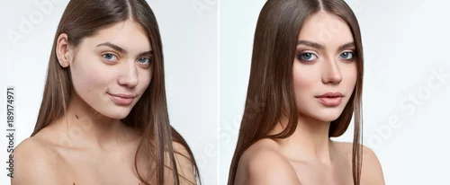 Obraz Comparison fullface half profile type of portrait of beautiful brunette green-eyed girl without makeup and with makeup on, including lipstick, mascara and eyshadows. Photoshopped, retouched.
