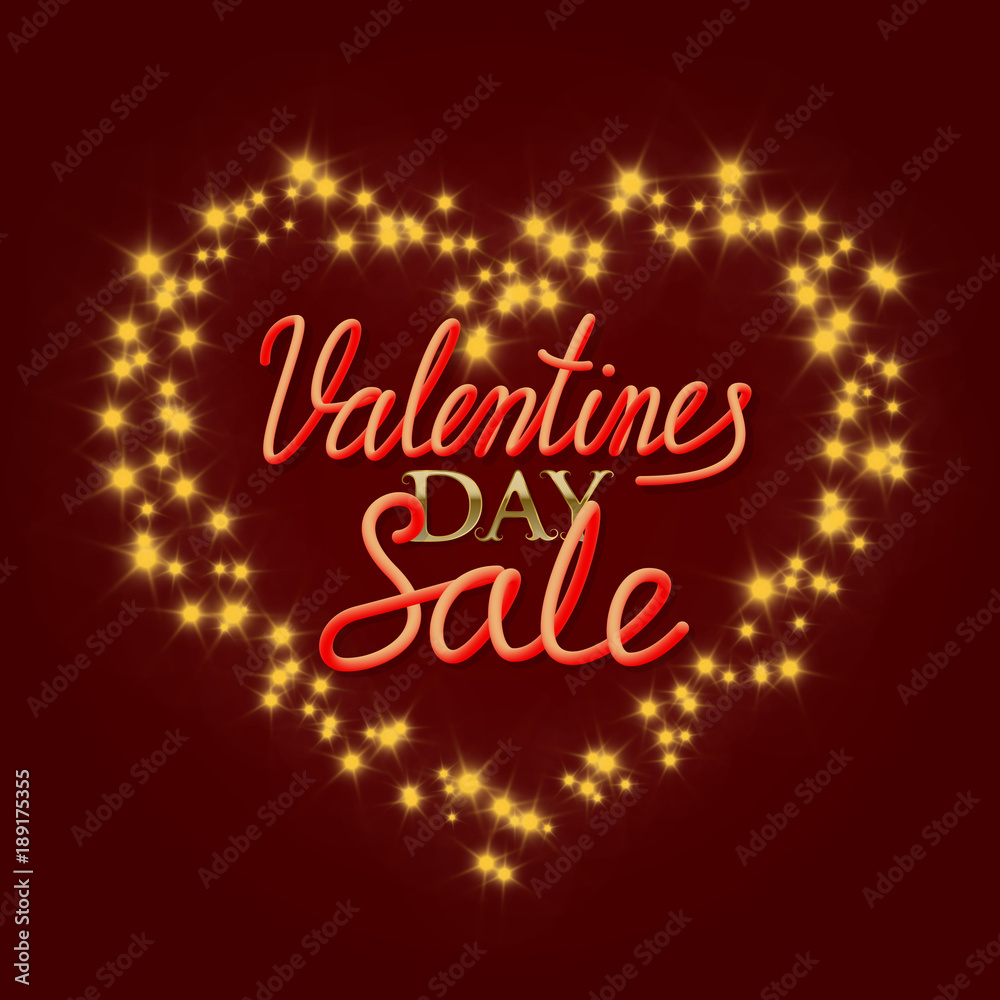 Valentines Day Sale golden and gradient luminous lettering text in stellar stream in heart form. Valentines Day shopping banner design.