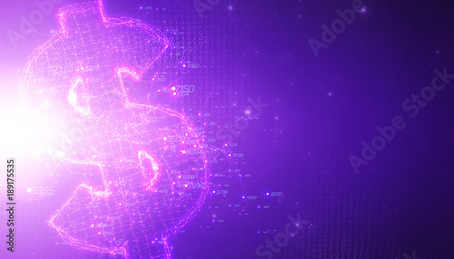 Violet abstract 3D big data visualization with dollar symbol. Intricate financial data threads analysis. Business analytics representation. Futuristic infographics aesthetic design. Finance concept