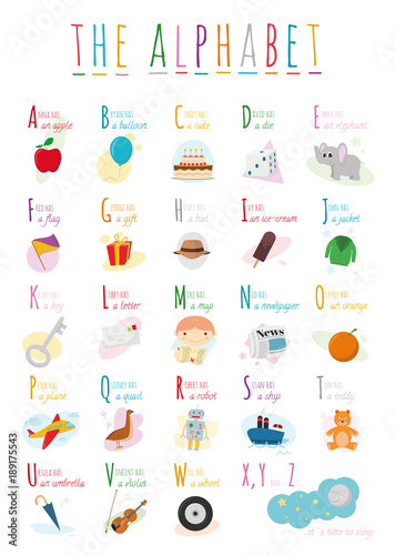 Cute cartoon illustrated alphabet with names and objects. English alphabet. Learn to read. Isolated Vector illustration.