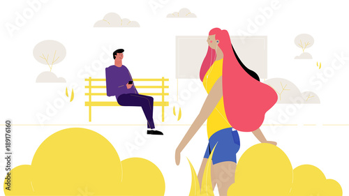 a modern girl walks through the park, a guy sitting on a bench looks at her creative vector illustration
