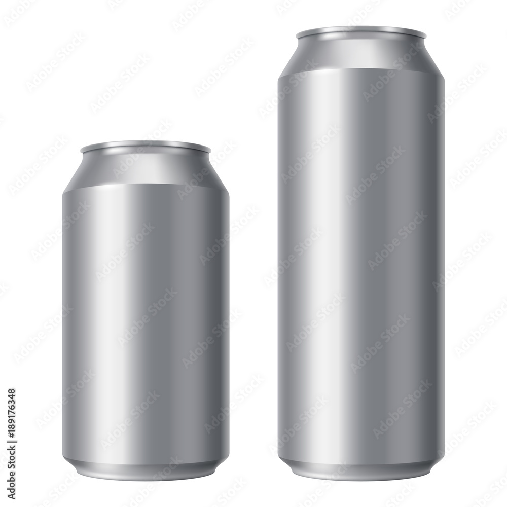 Blank beer can mock up. Small and Big Aluminium soda can isolated on white background. Realistic Drink packaging for branding and presentation of your design. Front view. Vector eps 10. Blank beer can mock up. Small and Big Aluminium soda can isolated on white background. Realistic Drink packaging for branding and presentation of your design. Front view. Vector eps 10.