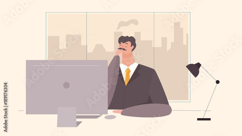 Businessman Working at Office Table. Flat Design Style. Vector illustration of Cartoon Big Boss with Workspace, Table and Computer With Big Window