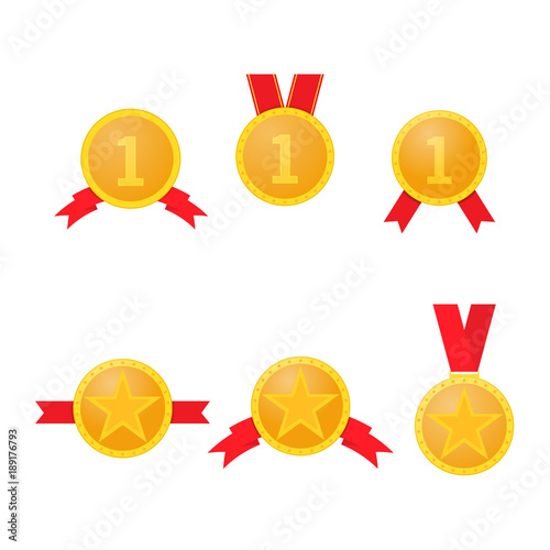Set of gold medals with red ribbons on a white background. Vector illustration .