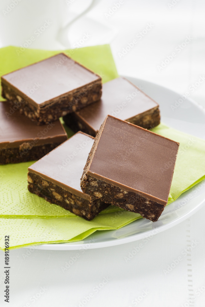 Tiffin or fridge cake a confection made with cocoa crushed biscuit dried fruit and melted chocolate then chilled Tiffin or fridge cake a confection made with cocoa crushed biscuit dried fruit and melted chocolate then chilled