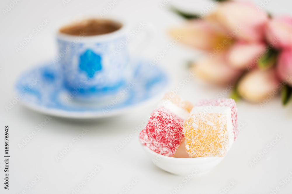 Turkish delight close up background with Turkish coffee Turkish delight close up background with Turkish coffee