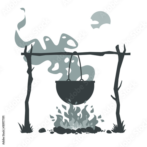 Camping pot over a bonfire vector flat illustration vector isolated 