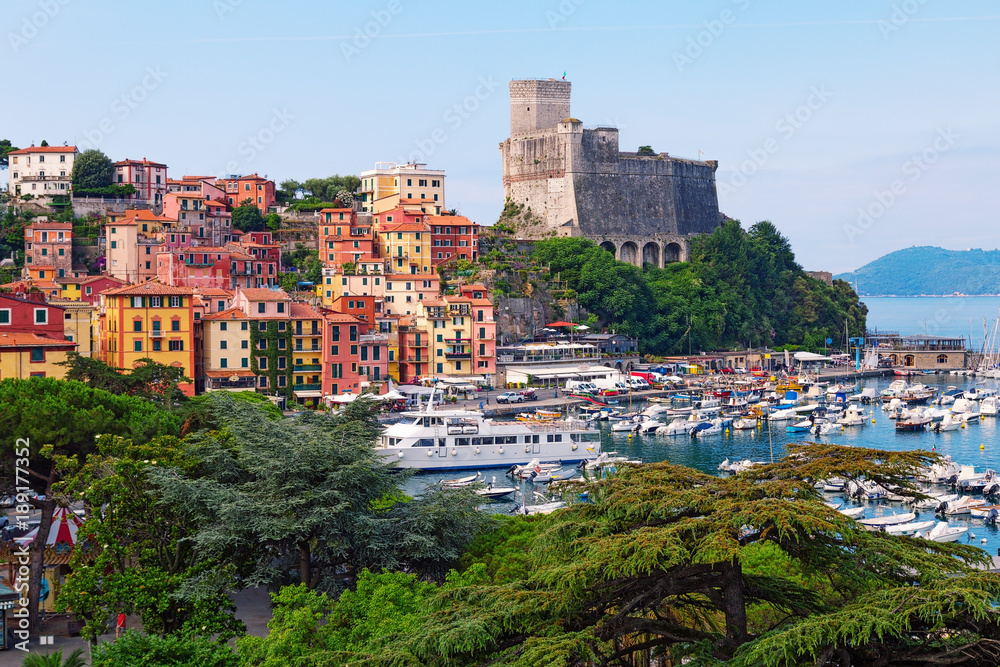 Top view of town Lerici on Ligurian coast of Italy, Europe. Castle of Lerici and port of Lerici. Beautiful colorful cityscape traditional Italian architecture