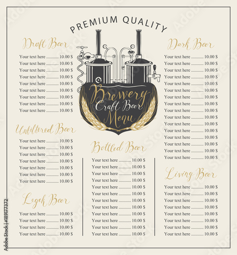 Vector craft beer menu with the image brewery production line and brewing equipment in retro style and price list with handwritten inscriptions