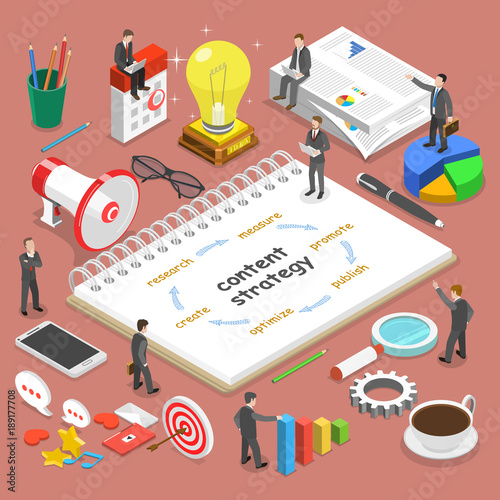 Content strategy flat isometric vector concept. Businessmen, surrounded with some corresponding attributes, are discussing a project content strategy.