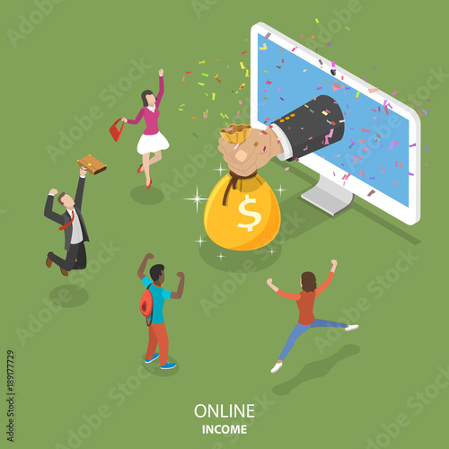 Online income flat isometric vector concept. Big hand is appeared from the monitor and giving a money bag to the rejoicing people.