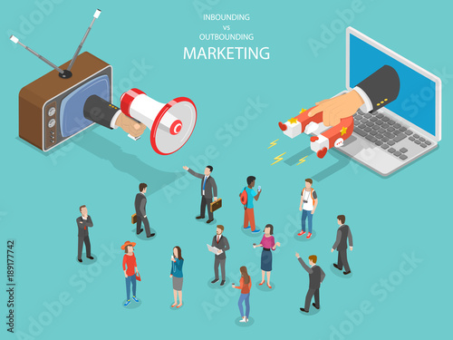 Inbound vs outbound marketing isometric vector. Hand with megaphone and another one with magnet are trying to capture the attention of the crowd of people. photo