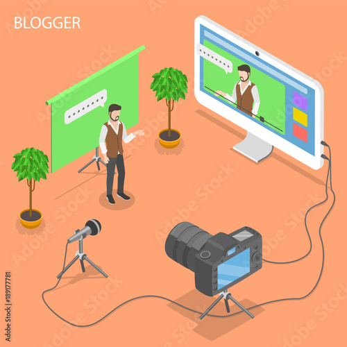 Blogger flat isometric vector concept. Young man is recording some video for his blog.