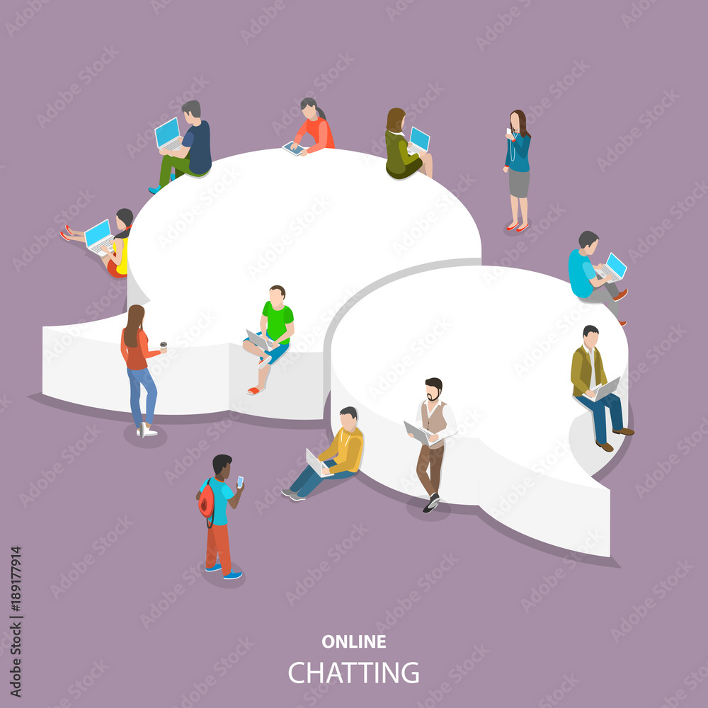 Online chatting flat isometric vector concept. Group of people with laptops and smartphones are around the two big speech bubbles. Online chatting flat isometric vector concept. Group of people with laptops and smartphones are around the two big speech bubbles.