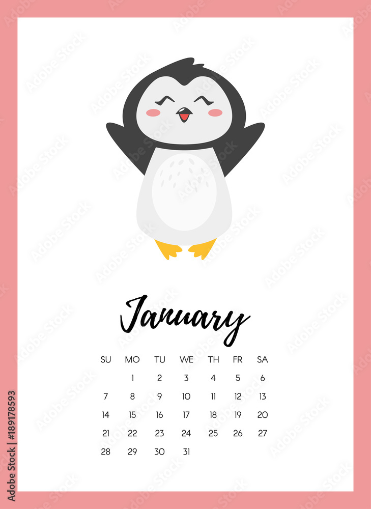 January 2018 year calendar page