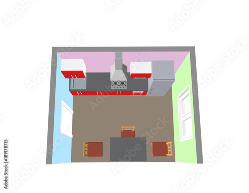 Interior kitchen room. 3d Vector illustration. Top view.