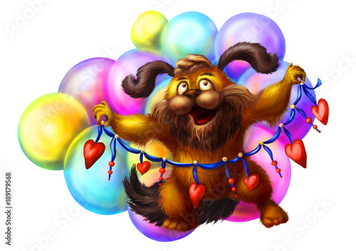 Illustration with funny dog and balloons.