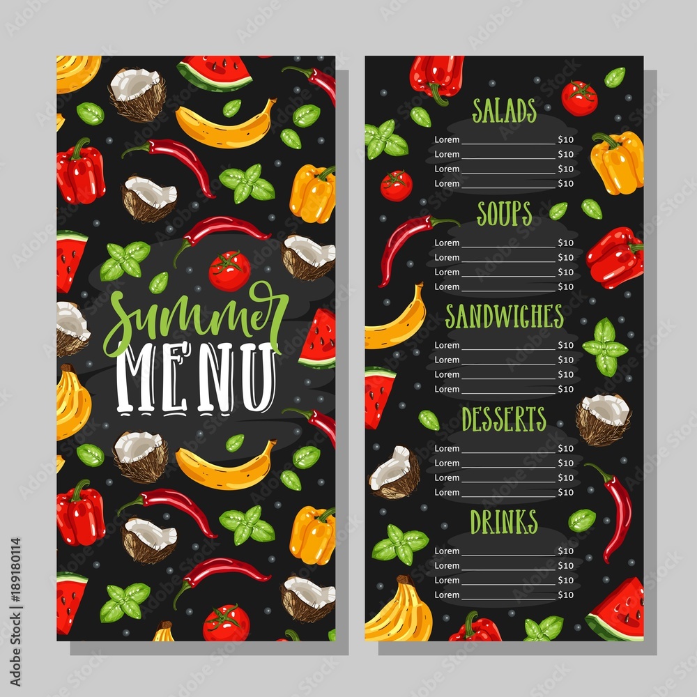 Summer menu template with handwritten calligraphy. Healthy farm food. Hand drawn vegetables and fruits. Vector chalk menu on chalkboard.