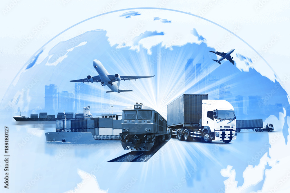 Foto Stock Transportation, import-export and logistics concept, container  truck, ship in port and freight cargo plane in transport and import-export  commercial logistic, shipping business industry | Adobe Stock