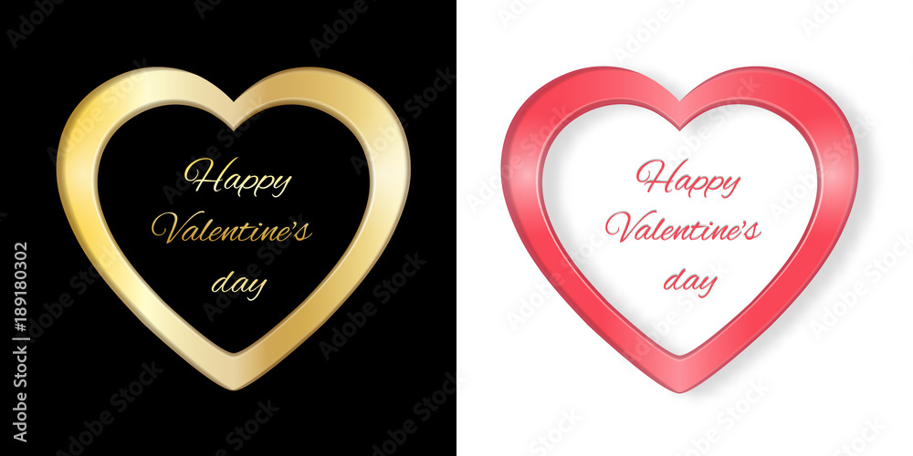 Frame in the form of two hearts before Valentine's day.Golden heart on a black background and red on a white background. With a place under the text. For greeting cards. Vector illustration. Frame in the form of two hearts before Valentine's day.Golden heart on a black background and red on a white background. With a place under the text. For greeting cards. Vector illustration.