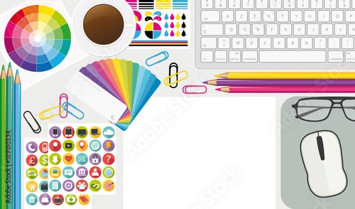Creative workplace. Top view artist desktop. Vector illustration II.