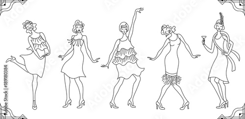 Charleston Party.lines set gatsby style set. Group of retro woman dancing charleston.Vintage style. retro silhouette dancer.1920