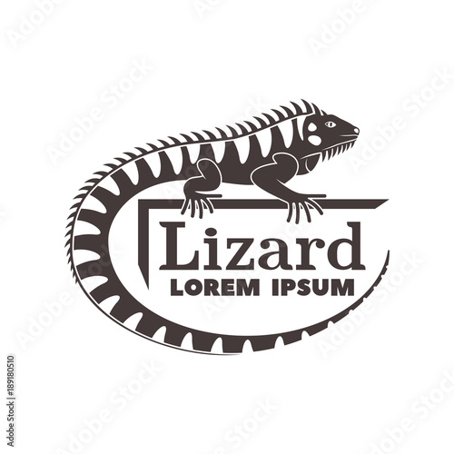 Monochrome logo with the image of a lizard, iguanas with text isolated on white background.