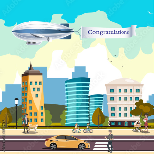 Airship in the cloudy sky, flying over the city.